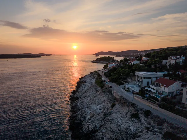 Villa Infinity and the Hvar coastline at sunset